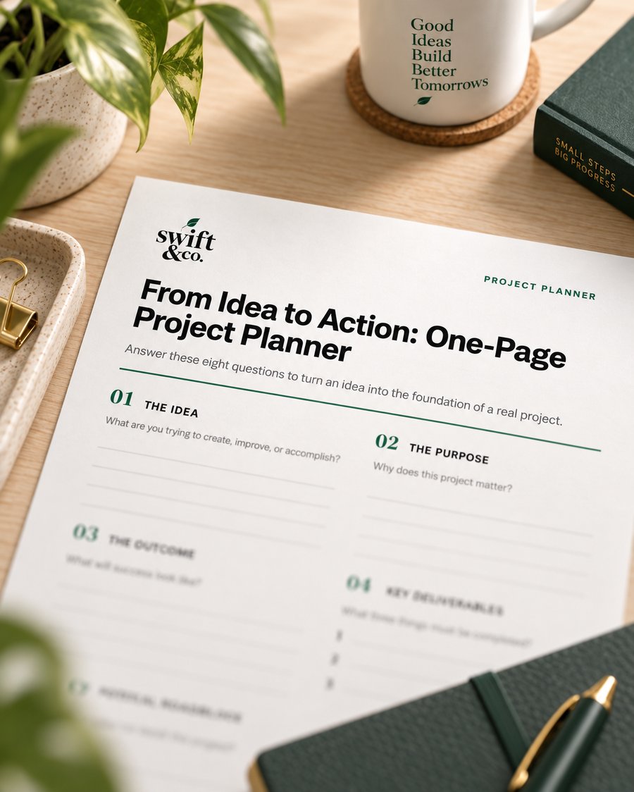 From Idea to Action: Digital One-Page Project Planner, styled on a desk